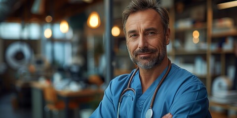 Fototapeta premium Confident male doctor in blue scrubs with a stethoscope around his neck, standing in a warmly lit professional setting with a blurred background