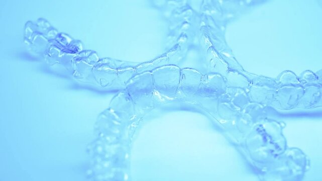 Invisible dental teeth brackets tooth aligners on blue background. Plastic braces dentistry retainers to straighten teeth.