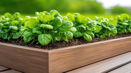 A vibrant garden bed filled with lush, green lettuce leaves, thriving in rich soil, set against a blurred natural background.
