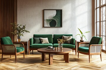 Elegant Green Velvet Living Room Furniture Set with Wooden Accents and Abstract Art