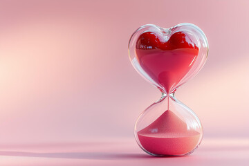 elegant hourglass with a heart-shaped upper chamber, where the red heart gradually dissolves into fine sand, trickling down into the lower half.  