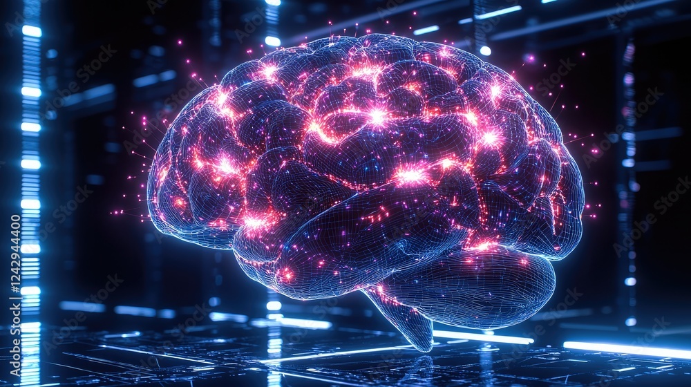 Poster A futuristic AI brain, intricately designed with glowing neural pathways, illuminating in a burst of electric blue and violet light. with circuits and data streams pulsating throughout.