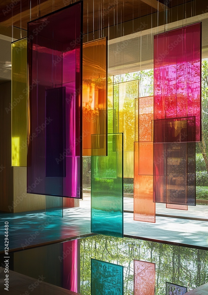 Poster group of colorful abstract sculptures hanging from the ceiling in a room with a large window.