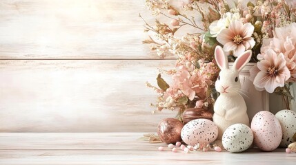 Easter bunny sitting among flower decorations and colorful Easter eggs on a wooden table
