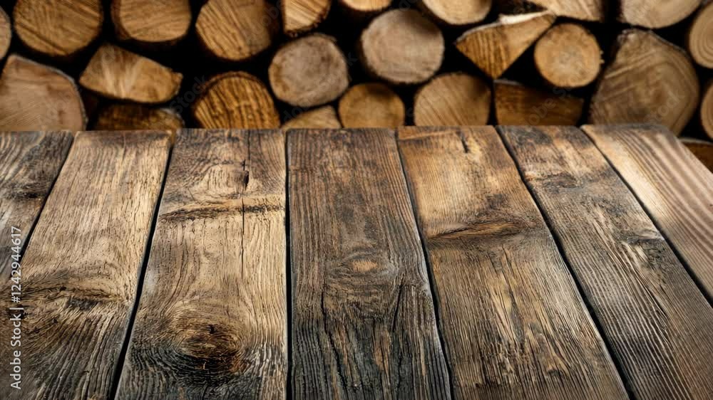 Poster a sturdy wooden table with a weathered finish is placed in front of organized logs, creating a warm 