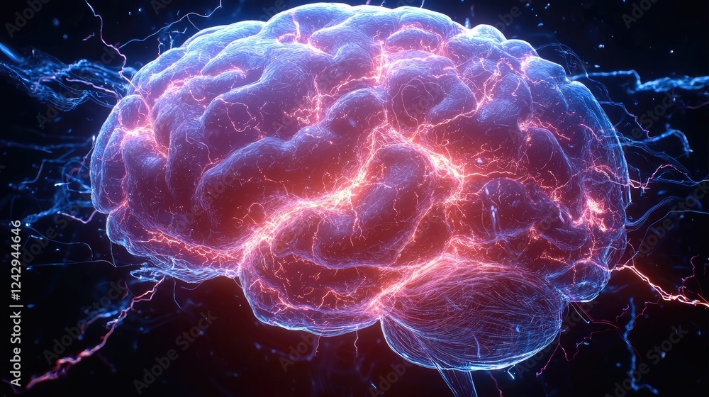 Poster A futuristic AI brain, intricately designed with glowing neural pathways, illuminating in a burst of electric blue and violet light. with circuits and data streams pulsating throughout.