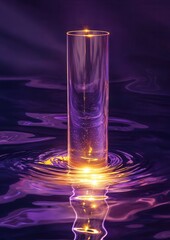 Digital illustration of a tall glass with a golden light shining through it. the glass is placed on a dark purple surface with ripples around it, creating a mirror-like effect.