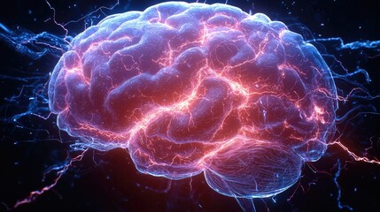 A futuristic AI brain, intricately designed with glowing neural pathways, illuminating in a burst of electric blue and violet light. with circuits and data streams pulsating throughout.