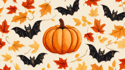Naklejka premium A cream background decorated with autumn pumpkins and bats.