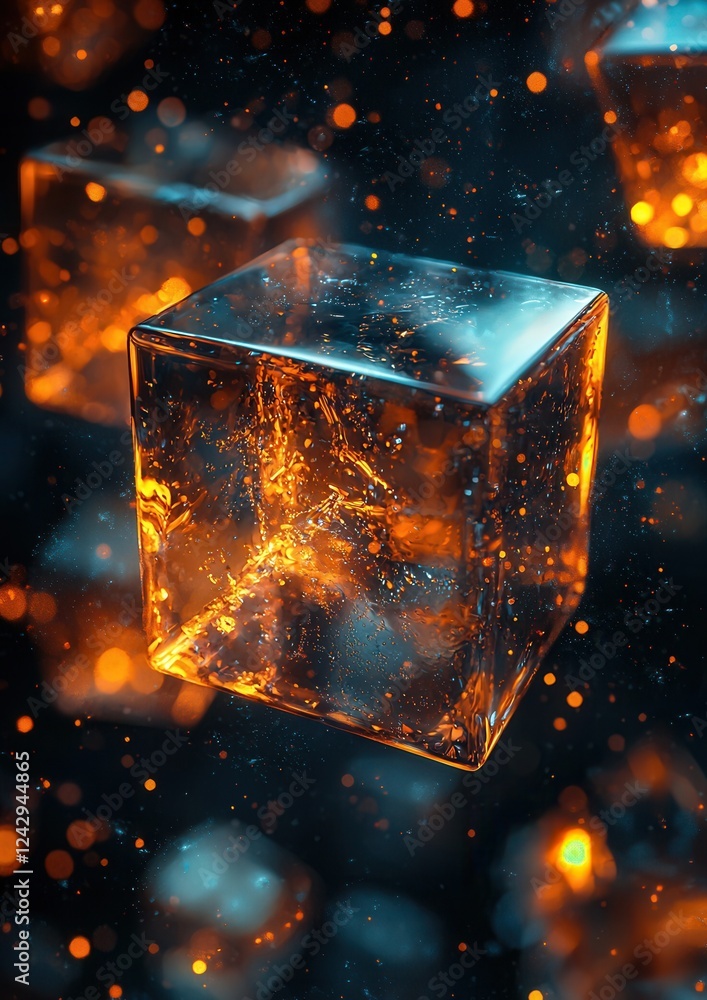 Poster close-up of an ice cube floating in the air. the ice cube is transparent and appears to be made of g