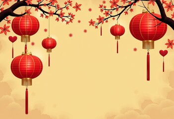 Fototapeta premium Cute Round Lanterns, Gongbi Heart Shape, Qing Dynasty Painting, Minimalism Art, Geometric Shapes, Matte Yellow Background, Refreshing Pop Art, Chinese Illustration. 