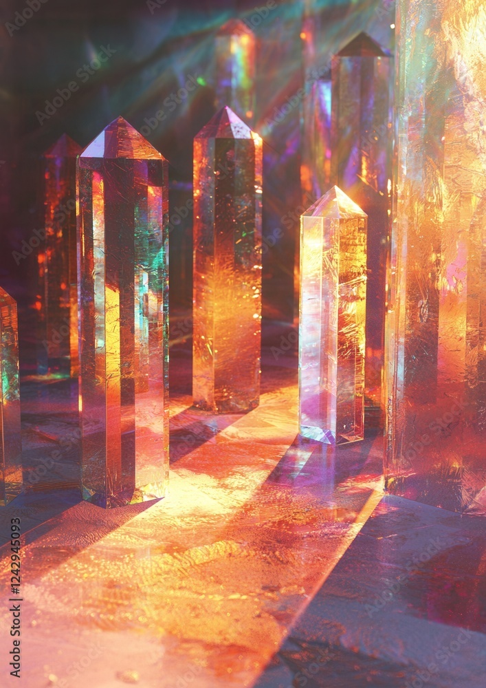 Poster group of six crystal obelisks arranged in a row on a dark background. the crystals are of different 