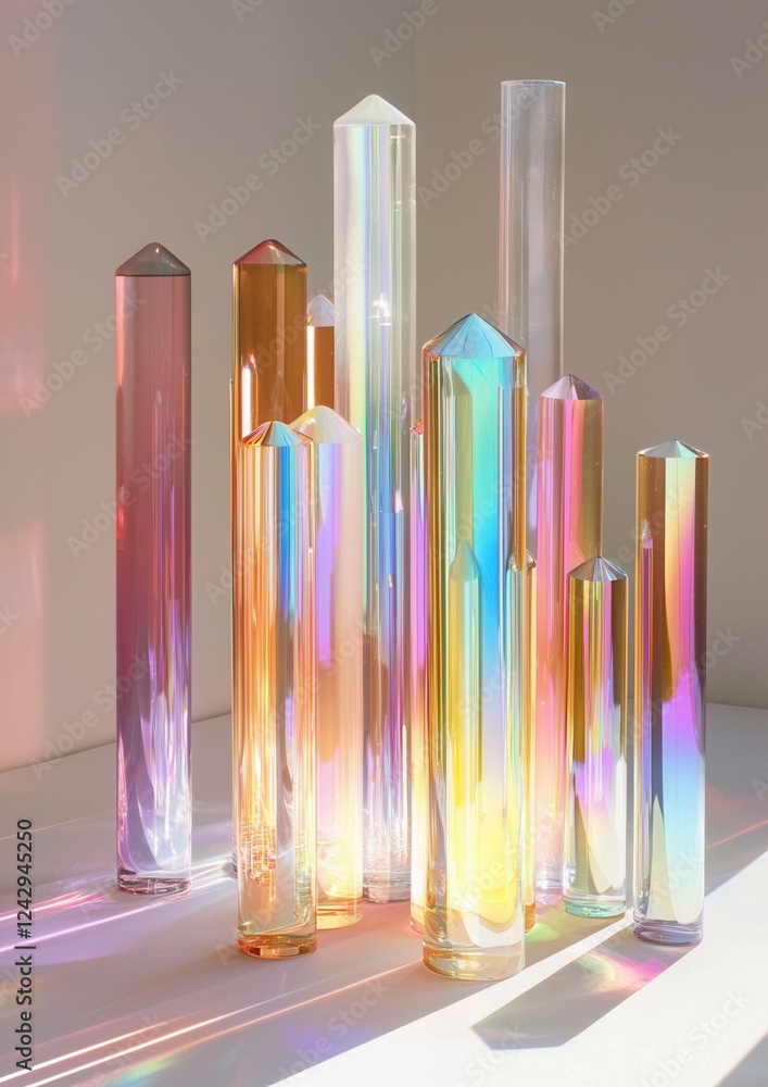 Poster group of tall, cylindrical objects arranged in a row on a white surface. the objects appear to be ma