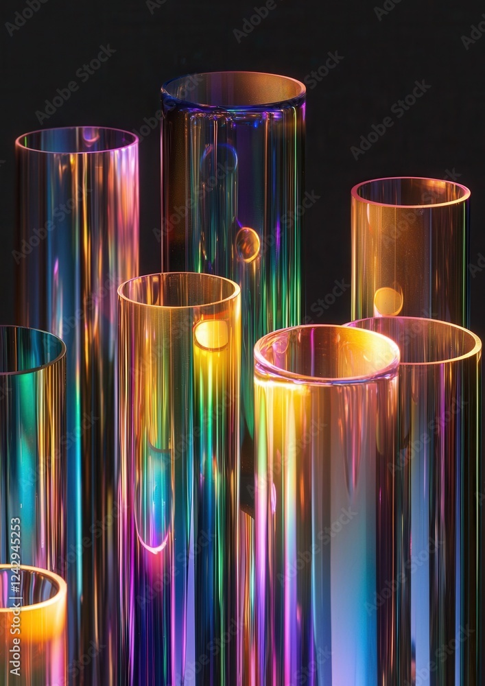 Aufkleber group of six tall glass vases of different sizes and shapes. the vases are arranged in a row, with t