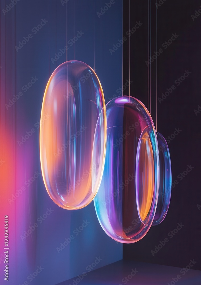 Poster three transparent spheres hanging from strings against a dark blue background.