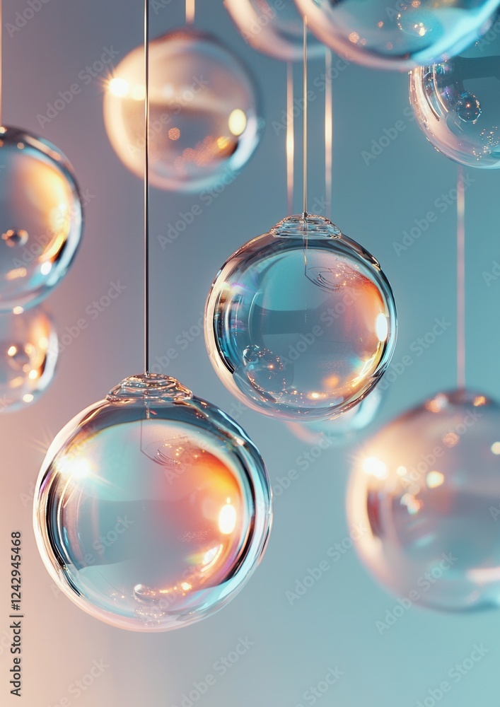 Poster group of transparent spheres hanging from strings against a light blue background. the spheres are o