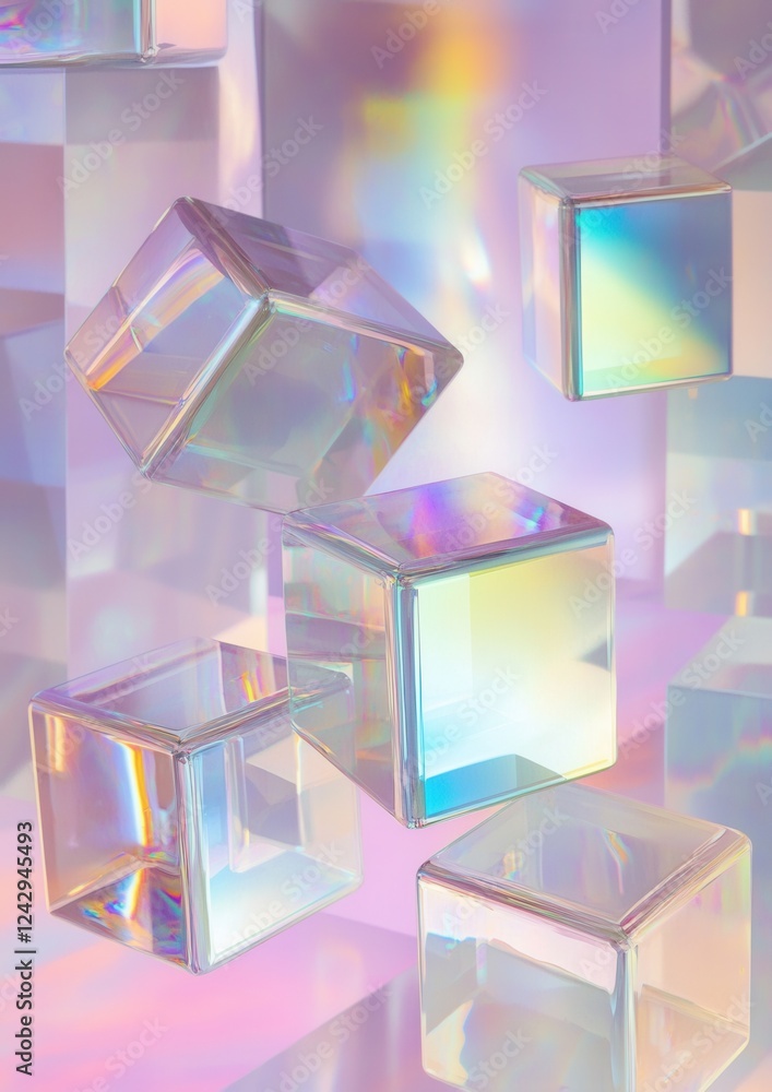Poster group of six transparent cubes floating in the air. the cubes are arranged in a scattered manner, wi
