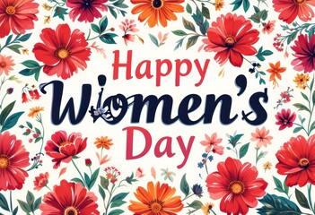 Colorful floral pattern, vibrant red and orange flowers, green leaves, white background, hand-lettered typography, "Happy Women's Day" text, celebratory design, watercolor style illustration, greeting