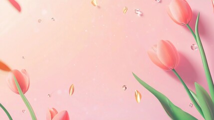 Obraz premium Tulips on a Pink Background, Flat Lay Top View, Women’s Day Concept Banner Template with Copy Space, Minimalist Mockup Design