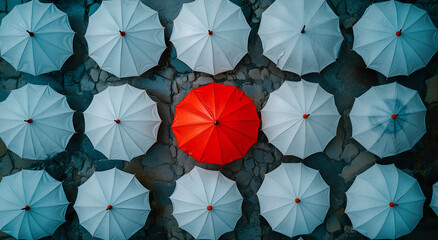 Fototapeta premium top view of white umbrellas arranged in rows with one red umbrella standing out from the crowd.