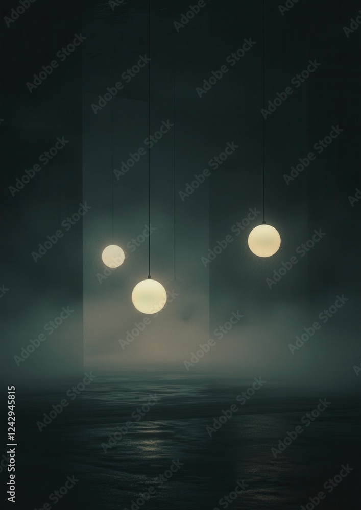 Poster three white spheres hanging from strings in a dark room. the spheres are spherical in shape and appe