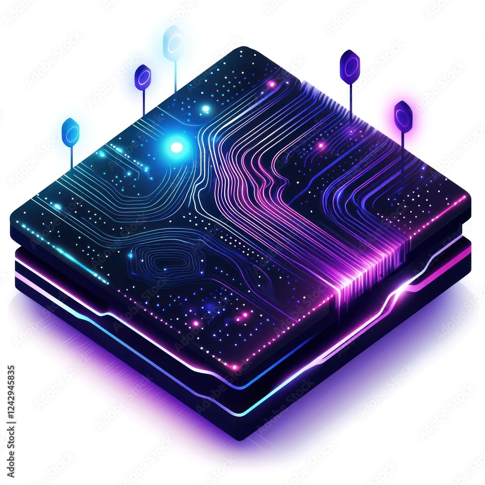 Poster isometric multilayer circuit board with glowing lines and connection points for tech/engineering pre