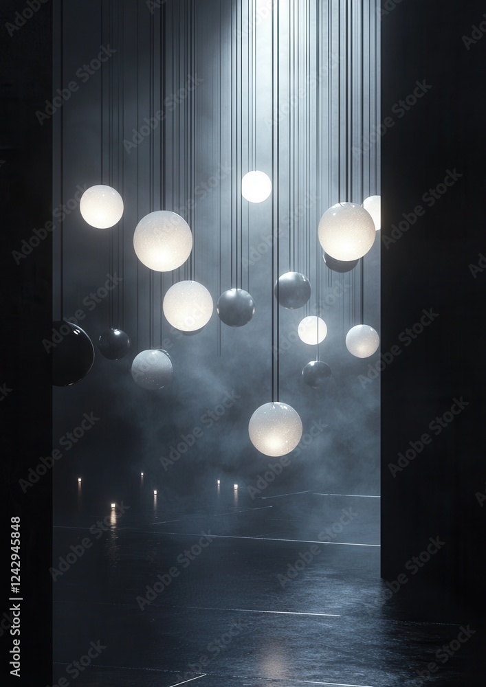 Poster group of white spheres hanging from the ceiling in a dark room. the spheres are of different sizes a