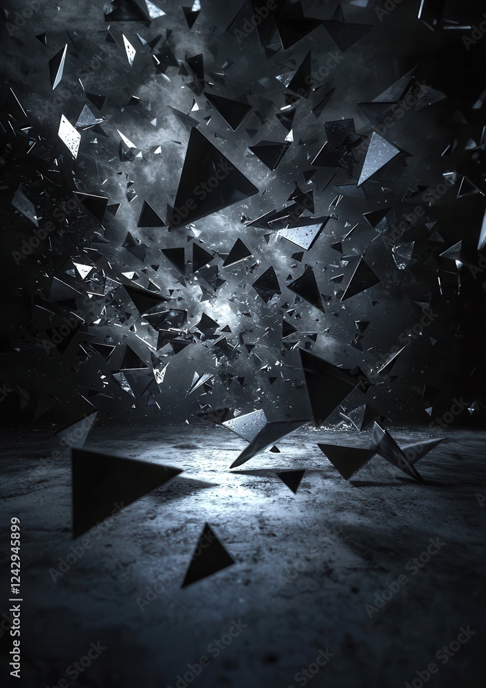 Poster black and white photograph of a chaotic scene of multiple triangular shapes falling from the sky. th