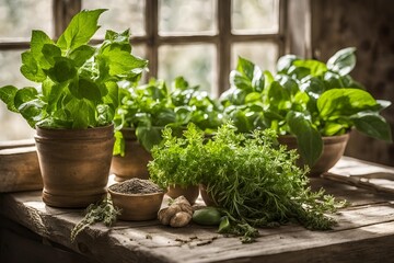 Fresh green leaves and herbs on a wooden table illuminated by natural sunlight close-up photography of nature and organic plants