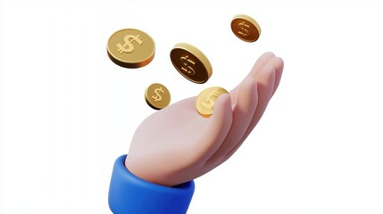 3D icon of a hand holding coins in a cute, cartoon style, featuring a blue and gold color palette on a white background. Minimalistic design with high resolution and clean, detailed visuals.  
