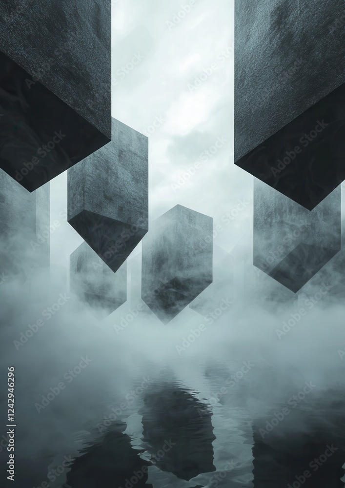 Aufkleber digital art piece that appears to be a surreal landscape with a cloudy sky and a body of water in th