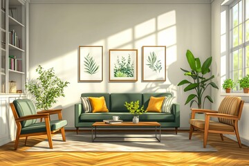 Fototapeta premium Modern Living Room Interior Design Green Sofa Wooden Chairs Botanical Art Sunny Window