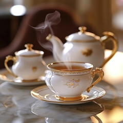 Fototapeta premium luxurious tea set with gold accents sits elegantly on polished marble table, with steam rising from teacup, creating warm and inviting atmosphere