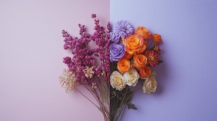 Vibrant floral bouquet with pink, purple, and orange hues on a light lavender background, blank space for text, elegant design for marketing materials.