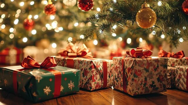 Christmas presents wrapped in colorful bows, Christmas presents glowing under the holiday tree, surrounded by twinkling lights.