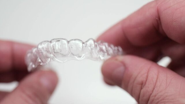 A man holds in his hand transparent aligners plastic braces retainers for straightening teeth on a white background