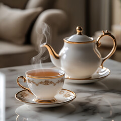 Luxurious tea set with gold accents on marble table, steam rising from cup