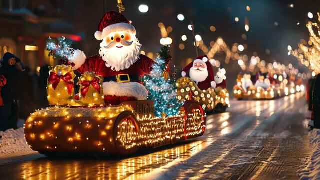 Christmas parade with glowing floats, Christmas parade lights reflecting a Merry and Bright winter scene.