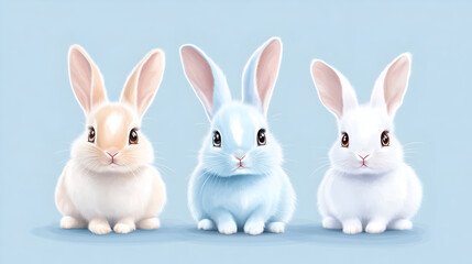Obraz premium Three cute rabbits, pastel colors, pastel blue background