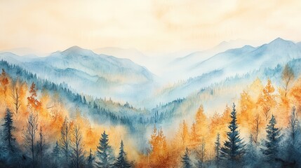 Obraz premium Watercolor of landscape Autumn forest misty mountains horizon and fog and hills,pine tree fir tree,yellow forest background,drawn by hand,Autumn illustration design elements for landscape,wallpaper.