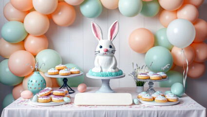 Easter bunny cake. Festive Easter dessert table with a bunny cake, decorated donuts, and pastel balloons.