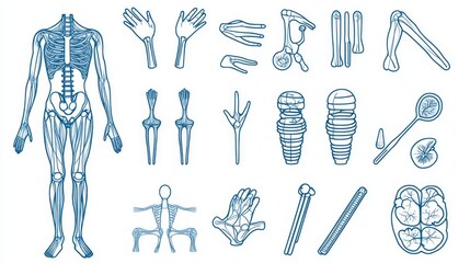 Joint pain and treatment icon series, medical line drawings, anatomical sketches, therapeutic symbols, consistent outline weight, organized grid layout, technical illustration style, instructional