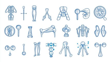 Joint pain and treatment icon series, medical line drawings, anatomical sketches, therapeutic symbols, consistent outline weight, organized grid layout, technical illustration style, instructional