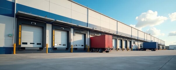 Exterior view of large industrial warehouse with loading docks, scale, area, container