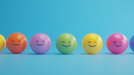 User experience rating visualization, 3D spherical emoji buttons, color spectrum satisfaction scale, subtle drop shadows, smooth plastic texture, simplified emotional indicators, professional