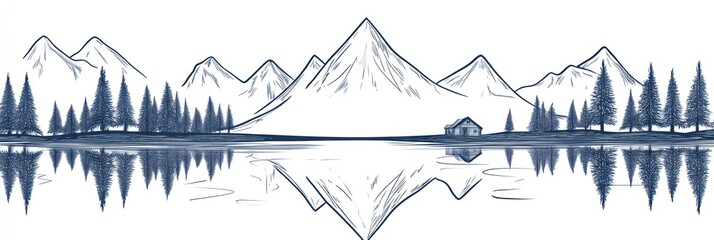 Serene Mountain Lake Cabin Scene Reflected In Water