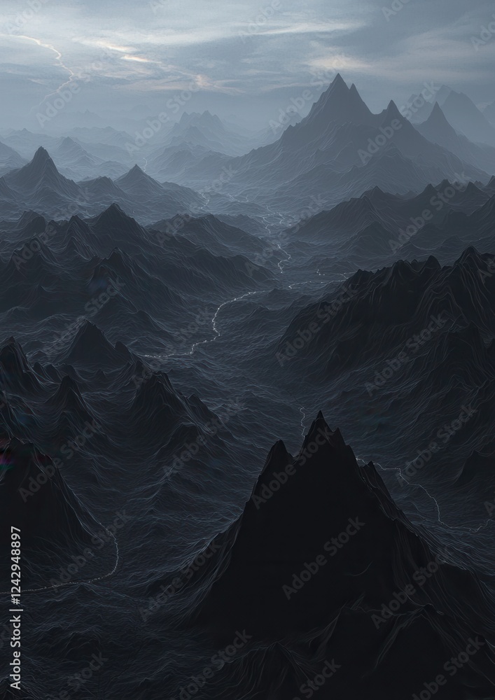Poster landscape photograph of a mountain range. the sky is a deep blue with wispy clouds scattered across 