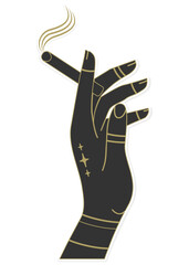 Human hand with cigarette sticker. Hand holding hashish cigarettes. Halloween elements