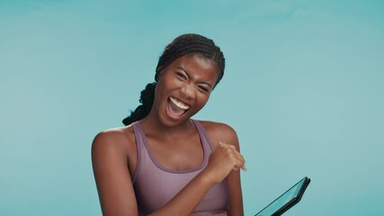 Personal trainer, invitation and face with black woman and tablet for gym membership sign up, health program and fitness. Join us, show and sports coach with person on blue background for rewards