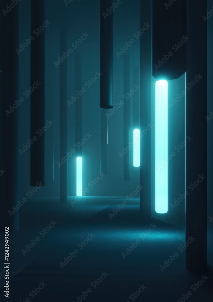 Poster dark and eerie hallway with tall pillars on either side. the pillars are arranged in a way that crea